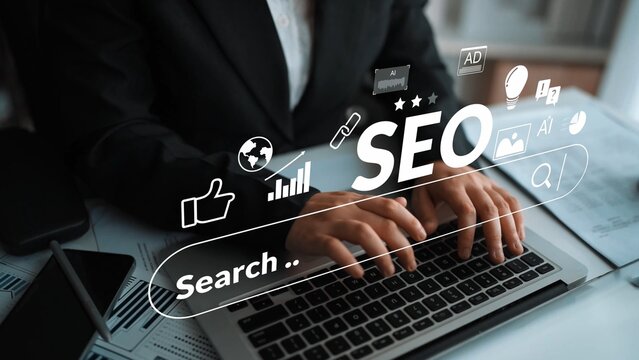 Individual typing on laptop keyboard focused on search engine optimization strategies with analytical icons illustrating digital marketing concepts and technologies Gluon.