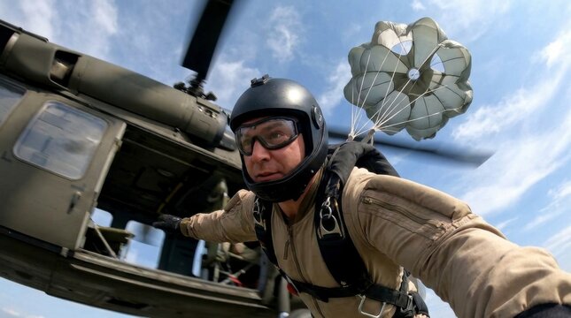 Military Parachutist Near a Helicopter with Rotor Blades and Open Parachute