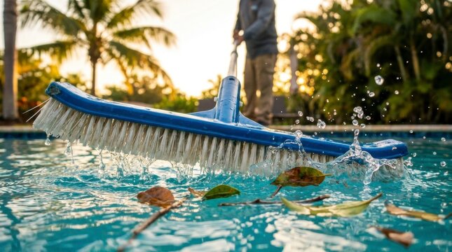 Blue pool brush cleaning leaves and debris from turquoise swimming pool water at sunset