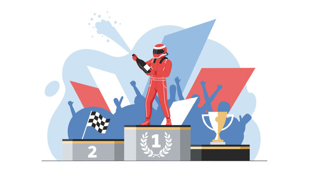Formula one racing driver celebrates a big win on the podium by spraying champagne after finishing first in the grand prix race.