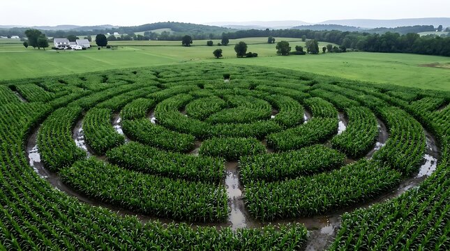 Aerial view of a complex green crop circle maze created in a lush agricultural field with water puddles on a cloudy day in the countryside of Pennsylvania.