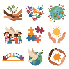 Obraz premium Collection of diverse vector icons representing global unity peace environment and community cooperation.
