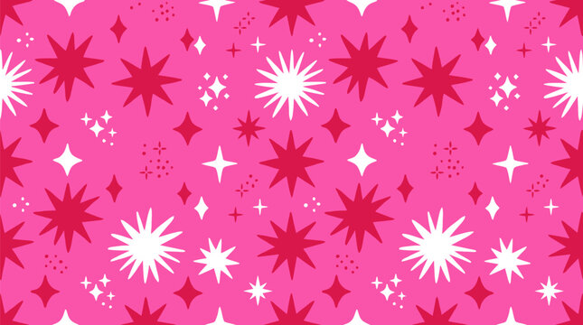 Vibrant pink pattern with hand drawn star doodles and sparkling cosmic elements vector design for festive celebration background or creative textile printing in a modern artistic style