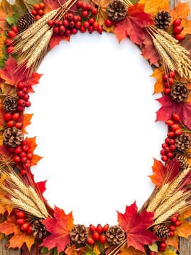 Autumn harvest border with red berries wheat maple leaves and pinecones