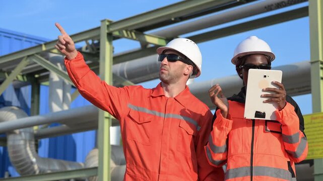 Industrial workers in protective clothing point toward refinery equipment while discussing operations, representing teamwork, engineering communication, maintenance, safety, and technical.