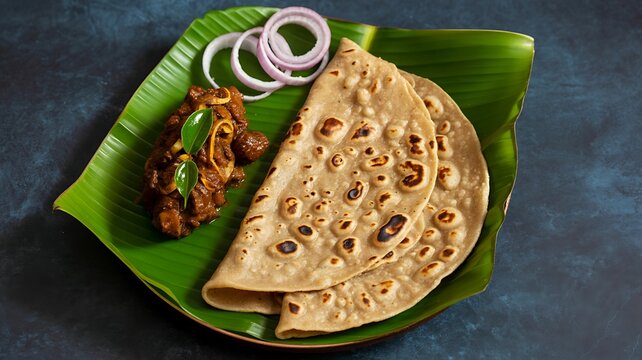 Indian paratha flatbread served with spicy pickle and sliced onions on a banana leaf, traditional South Asian cuisine