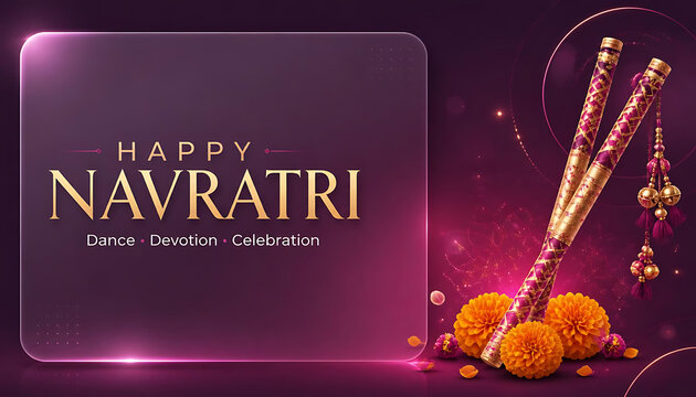 Happy navratri festive background with danda sticks and marigold flowers near a glass sign