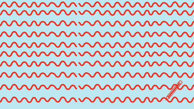 Red wavy lines and a black pen create a repeating pattern against a light blue backdrop wave sinusoidal