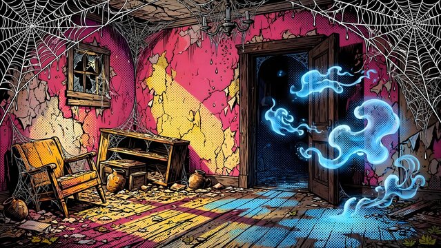 Pop Art Comic Haunted Room Interior Presentation Background with Intricate Spiderwebs Translucent Blue Floating Shapes Dark Wooden Doorway Halftone Dot Shading