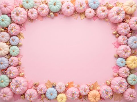 Colorful frosted donuts arranged in a decorative frame on a pastel pink background
