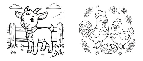 Obraz premium Set of two black and white coloring pages for kids featuring a cute baby goat with a scarf and a pair of chickens sitting on a nest of eggs