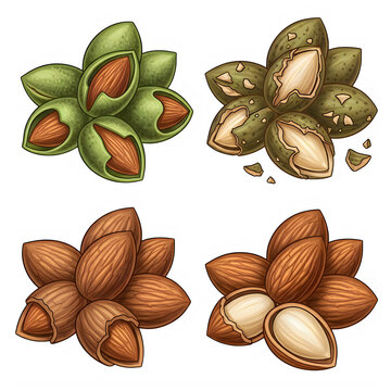 Fresh green and brown almond nuts illustration set
