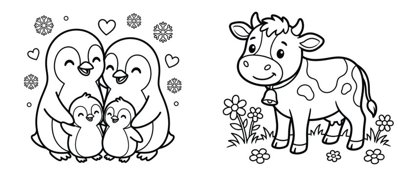 Two black and white coloring pages for children featuring a family of cute penguins and a friendly cow standing in a field of flowers