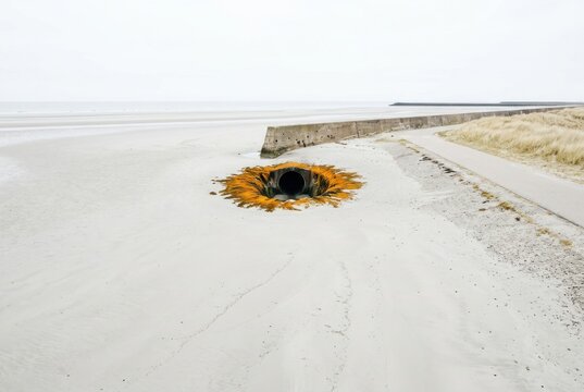 Coastal erosion report with drainage pipe on empty beach