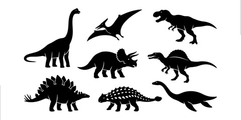 Dinosaur Silhouettes Icons Set, Prehistoric Wildlife and Jurassic Reptiles Vector Symbols © zisun
