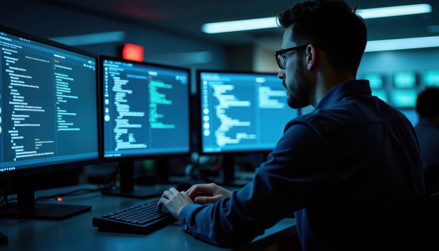 Software developer working at desk with multiple monitors displaying source code and terminal windows, software developer debugging and reviewing code in dim office with focused posture,