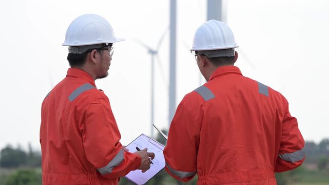 Wind energy workers in protective clothing review technical documents beside turbines, representing renewable power, planning, maintenance, engineering communication, and workplace safety.