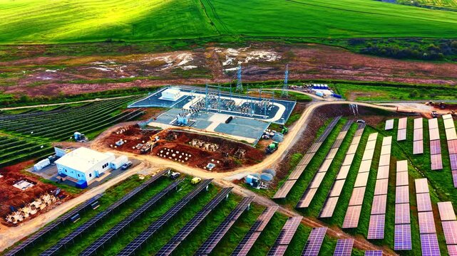 Aerial view of solar farm substation construction. Workers and machinery surround electrical transformers amid rows of solar panels and green fields.