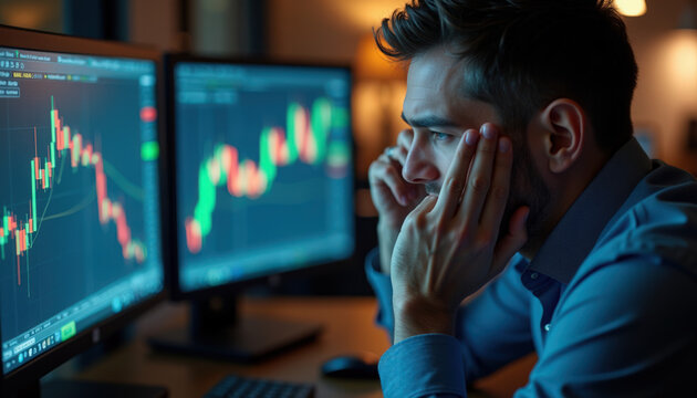 stock trading trader monitoring multiple financial charts on desktop screens, worried investor with hands on face in dim office lighting, late night market watching,