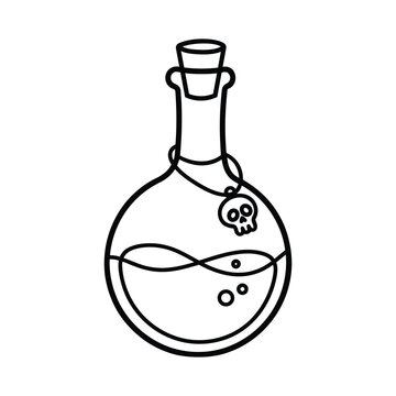 Poison potion bottle with skull charm black and white minimalist vector illustration for Halloween