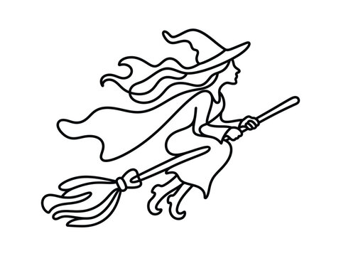Witch flying on broomstick black and white minimalist line art silhouette for halloween magic