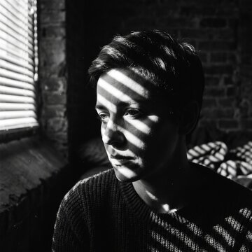 Moody Portrait With Window Blind Shadow Pattern Concept