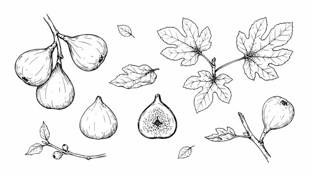 Detailed botanical illustration depicts figs and fig leaves in a monochrome line drawing style figfruit figleaves foliage sketch