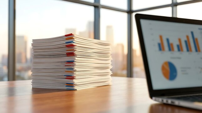 Neat stack of documents with colorful paper clips resting on wooden office desk next to modern laptop displaying financial data charts with blurred city background.