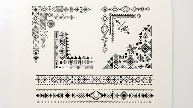 Scandinavian geometric line art patterns and decorative border elements on a white background