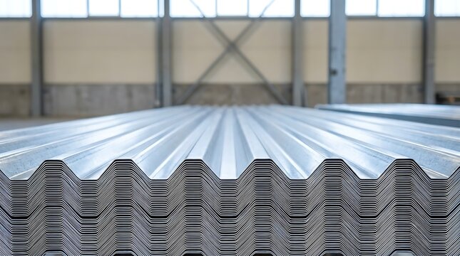 Stack of corrugated metal sheets, providing industrial material for construction and roofing applications with metallic texture.