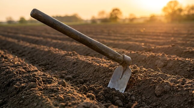 Hoe resting on ploughed earth in warm sunset light, representing agricultural work and tilling fertile soil for farming concepts.