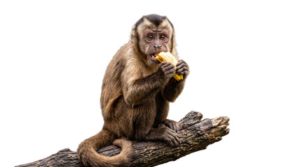 Small brown capuchin monkey sits on a wooden log while eating a fresh yellow banana fruit © Muhammad
