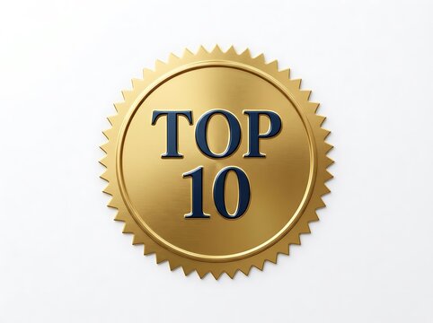 Gold round seal with text reading top 10 against a plain white background gold sticker award label quality seal business award gold foil achievement metallic excellence marketing promotion