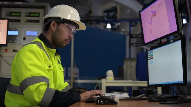 Plant operator monitors industrial process information at a computer workstation, representing control room operations, automation, system monitoring, safety, and modern manufacturing technology.