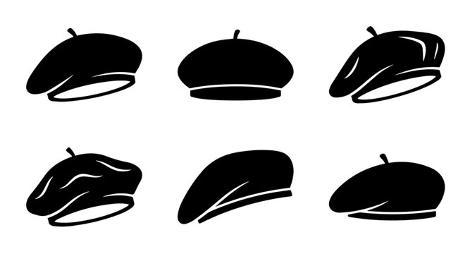 Black beret and cap silhouette vector set featuring varied stylish headwear designs