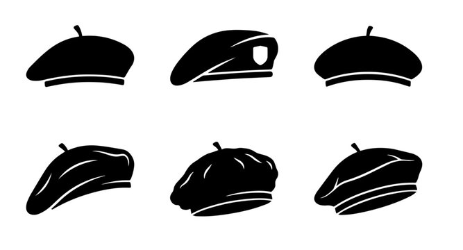 French beret hat and military cap black silhouette vector icons set