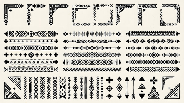 Set of geometric decorative corners and borders with tribal patterns on a light background