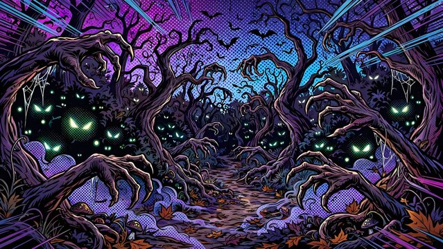 Pop Art Comic Twisted Forest Trail Presentation Background with Gnarled Living Trees Grasping Branches Spectral Eyes Purple Shadows Ben Day Dot Gradient Sky