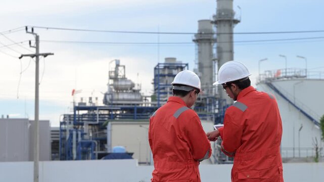 Industrial workers in red protective coveralls discuss plant operations while walking through a refinery. Concept of industrial engineering, safety, maintenance, technical inspection, teamwork.