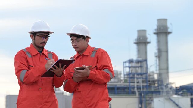 Industrial workers in red protective coveralls review information on a tablet at a refinery facility. Concept of industrial engineering, safety, maintenance, technical inspection, teamwork, and.