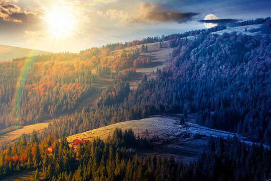 mountainous rural landscape of ukraine in autumn. day meet night. sun and moon over picturesque highland woods. grassy meadow. carpathian countryside scenery with colorful forest and pasture on a hill