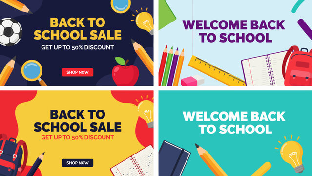 A colorful vector illustration displays school supplies arranged in a 2x2 grid promoting back to school sales academic