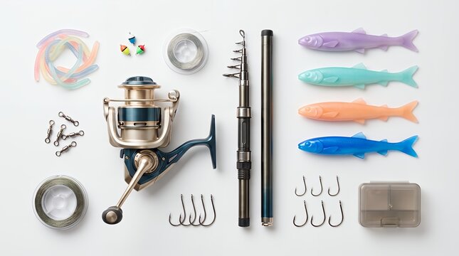 Colorful Modern Fishing Tackle Collection with Lures Reel Hooks and Floats Isolated on White