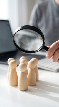 A black magnifying glass held by a human resource recruiter over several wooden figures representing employees on a bright white office table near laptop.