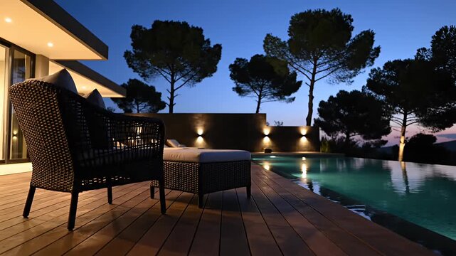 Wicker chair on wooden deck by infinity pool at dusk