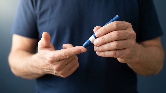Man using lancet device to prick finger for blood glucose test, checking diabetes condition at home.
