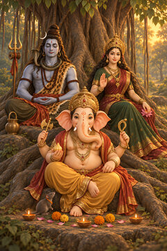 Sacred ganesha seated beneath banyan tree with mahadev and durga during ganesh chaturthi maha shivratri and durga puja spiritual family festival celebration