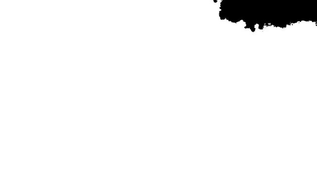 Watercolor effect flowing black ink spread overlay, organic watercolor ink drop bleed animation, abstract paint brush stroke shape black ink splattering flowing on black screen. 4k video