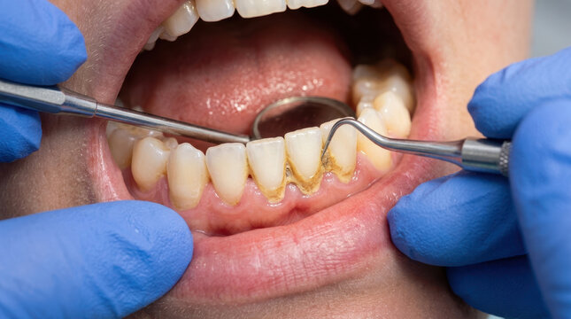 Dental hygienist inspecting tartar during oral examination with metal scaler, blue glove, visible gumline and plaque buildup