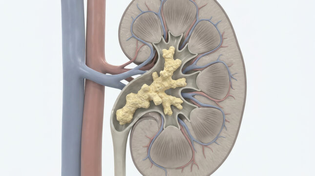 Medical kidney cross section showing large calculus within renal pelvis, with visible cortex, medulla, vessel, and ureter detail for education